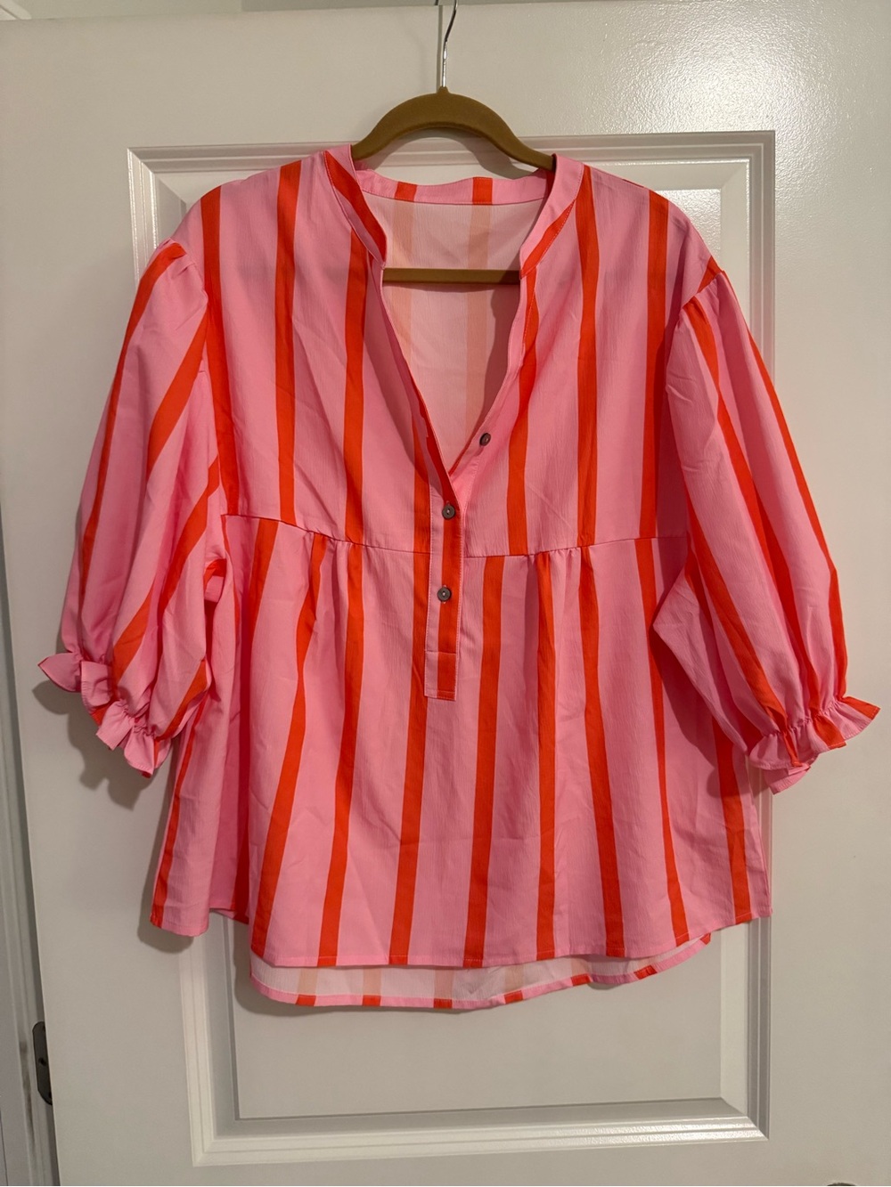 Amazon Women's Pink & Red Striped Peasant Blouse